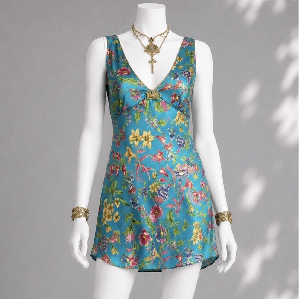 Vintage 90s Y2K  Slip Dress XS/S Blue Floral Satin Fairy Chemise Cinema Etoile